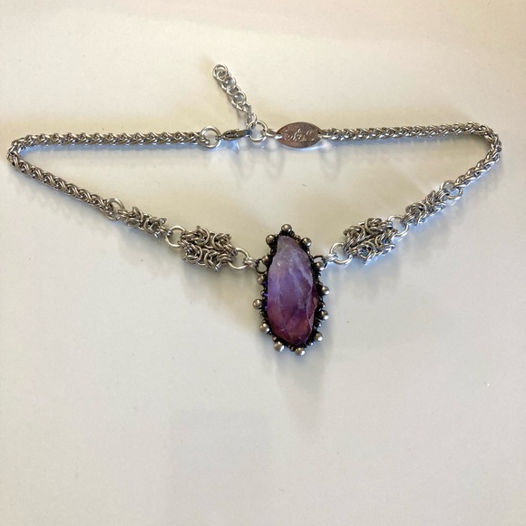 Handmade Genuine raw amethyst crystal maille stainless steel boho goth necklace - Picture 2 of 12